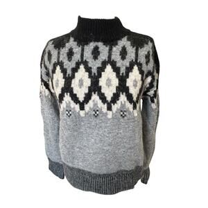 MONROW Mock Neck Fair Isle Pullover Sweater Black White Gray Wool Alpaca Blend S
